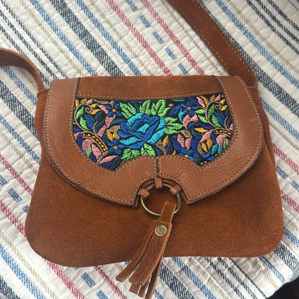 Boho Brown small suede floral Embroidered Crossbody Bag